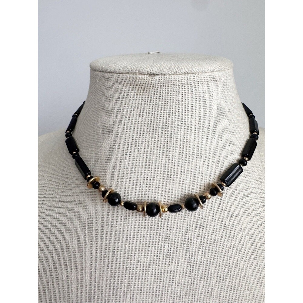 Vintage Black And Gold French Jet Glass Collar Necklace 14” - Picture 6 of 6